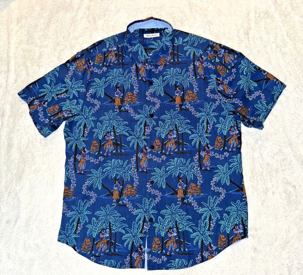 Tommy Bahama Hawaiian Button Shirt 100% Silk Mens L Dancing Girl Short Sleeve
